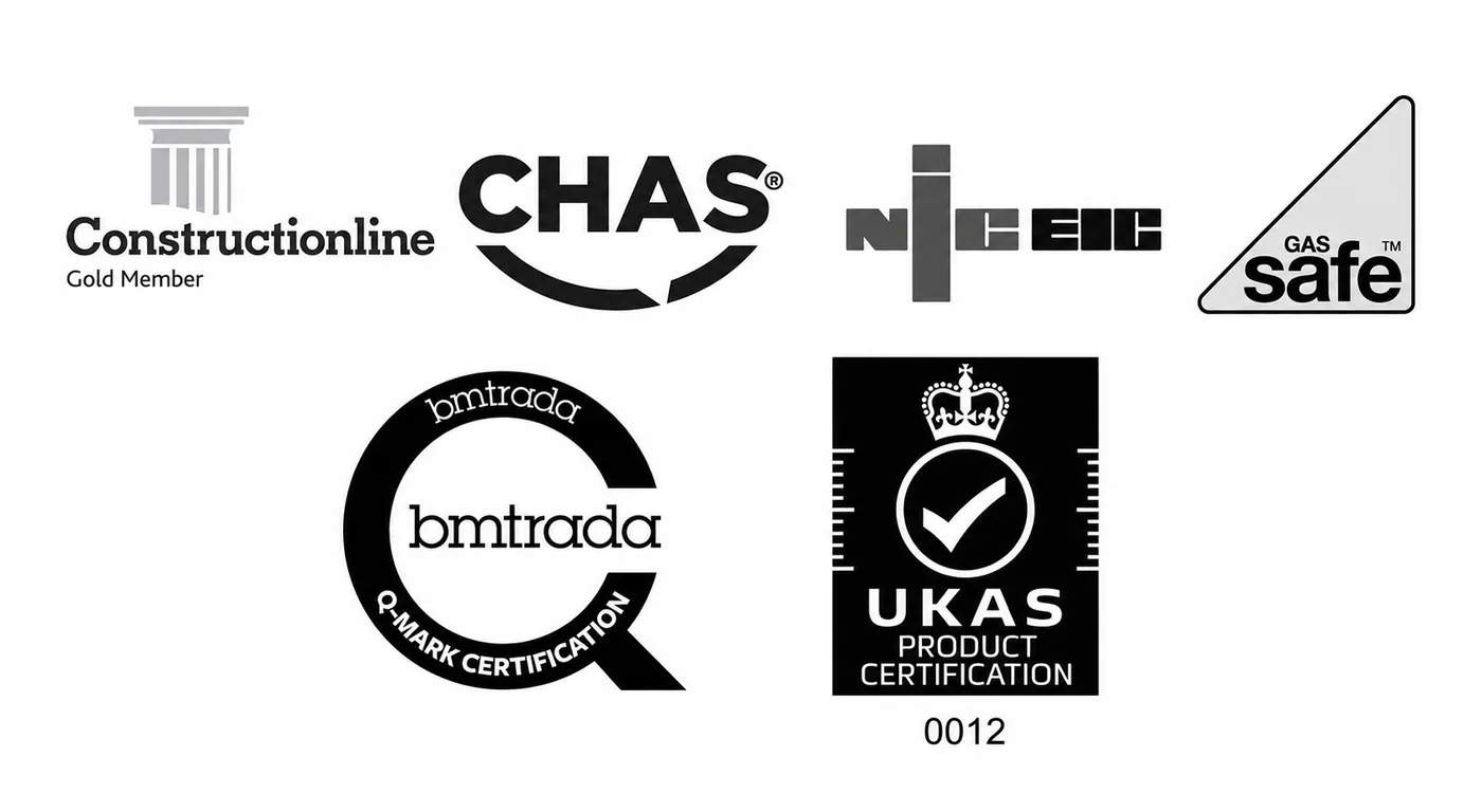 SBB Group accreditations — Constructionline, CHAS, BM Trada, NICEIC, Gas Safe